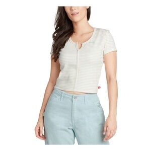 DICKIES Womens Ribbed Crop Top Button Up Short Sleeve Stretch Blue Striped Sz M